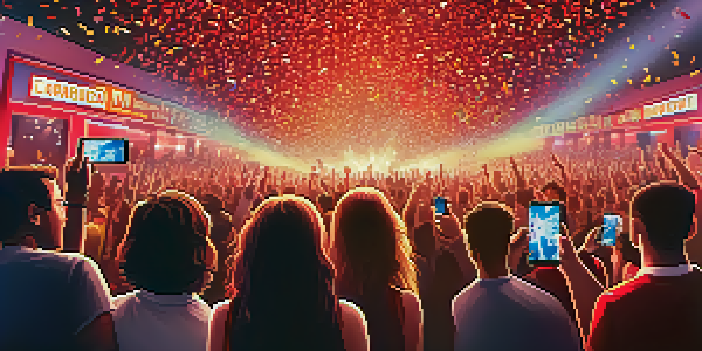 A lively film premiere event with fans on a red carpet, capturing moments with smartphones, bright lights, and confetti.