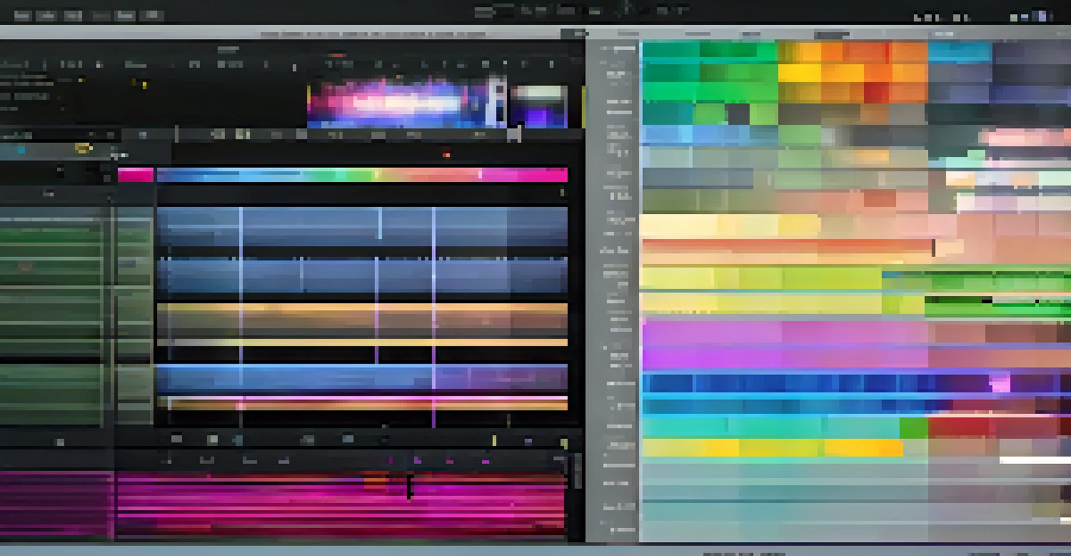 Close-up of a film editing software interface with colorful clips and sound waves on a computer screen.