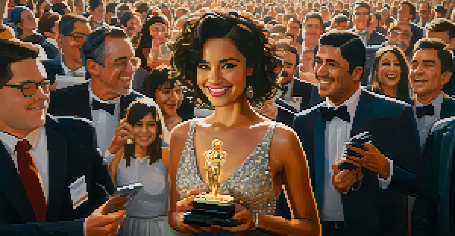 A young female filmmaker proudly holding an award amidst flashing cameras and a cheering crowd at a film festival.