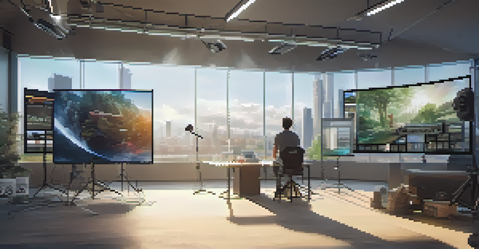 A filmmaker in a modern studio with advanced technology and a large eco-themed film poster, illuminated by natural light.