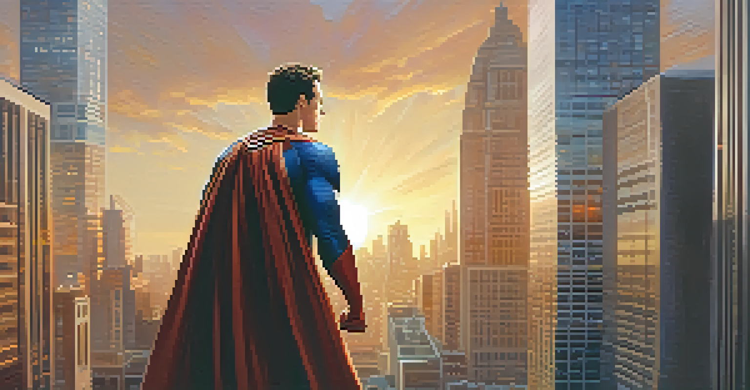 A superhero soaring through a city skyline at sunset with a dynamic pose.