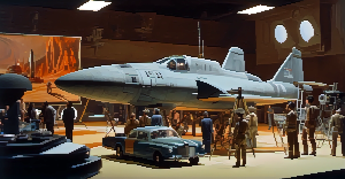 A vintage film set with a miniature spaceship and crew members working on practical effects.