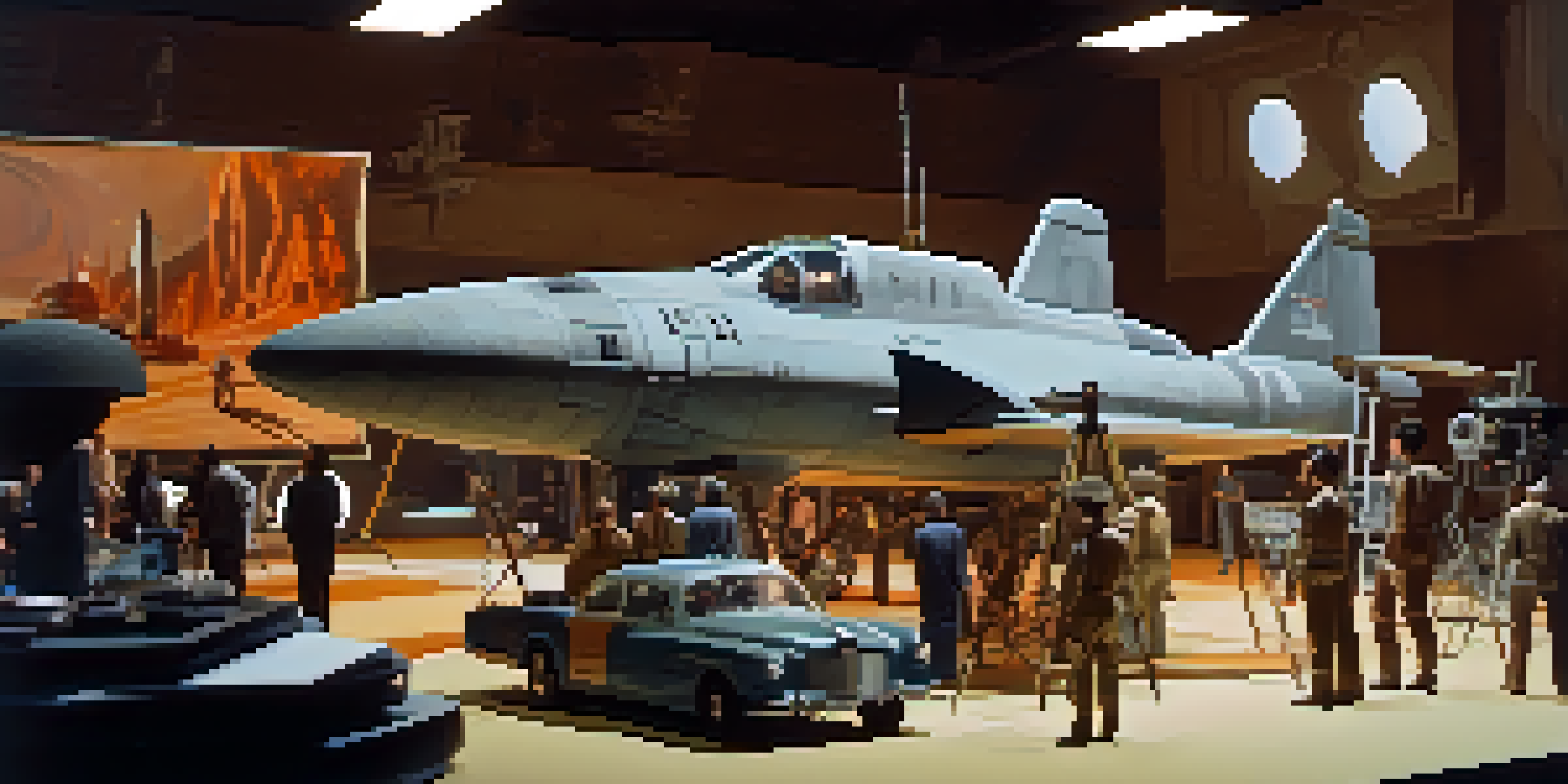 A vintage film set with a miniature spaceship and crew members working on practical effects.