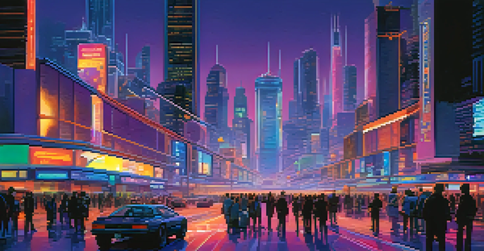 A vibrant futuristic city skyline at dusk with neon lights and flying vehicles, featuring towering skyscrapers and a busy street.