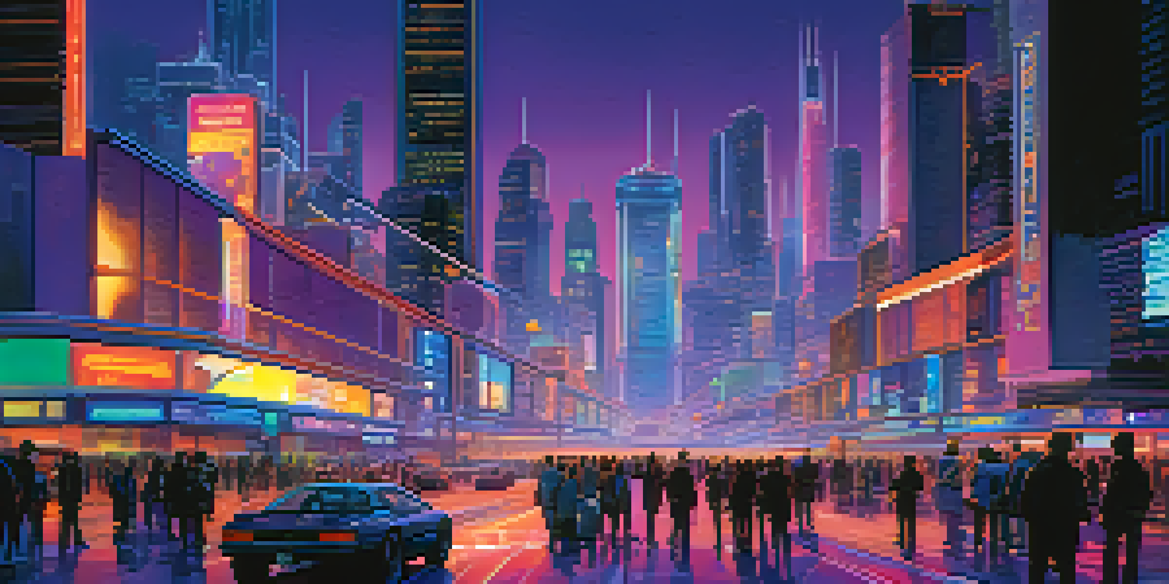 A vibrant futuristic city skyline at dusk with neon lights and flying vehicles, featuring towering skyscrapers and a busy street.