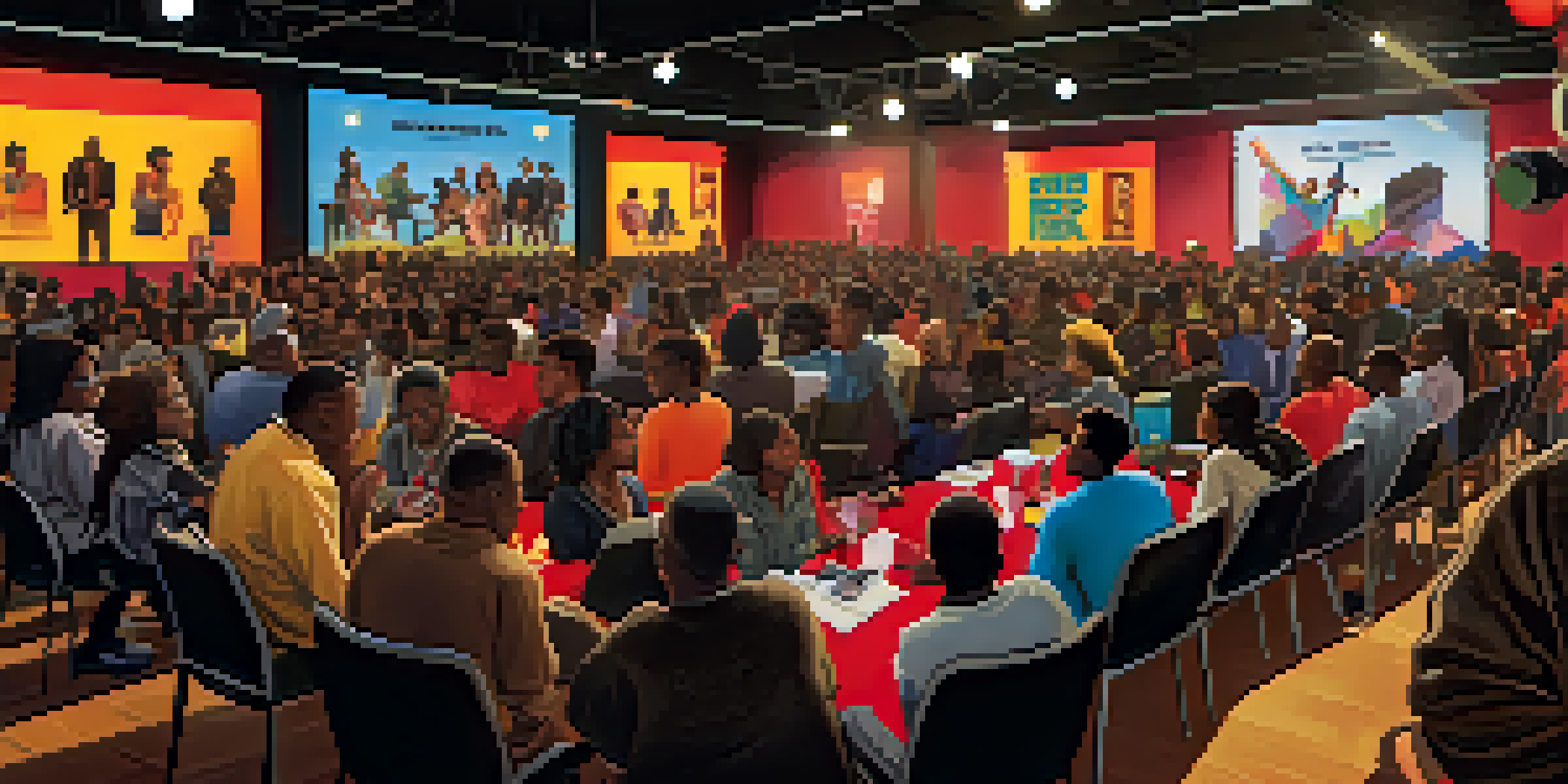 A lively film festival with diverse filmmakers and audiences discussing in a warmly lit environment, surrounded by colorful posters celebrating Black cinema.