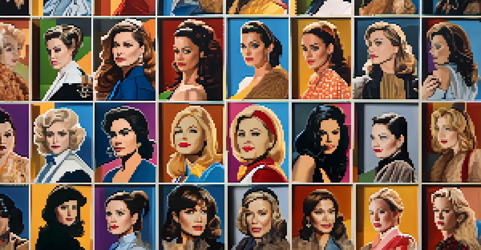 A collage of iconic female characters from classic films, each in their signature outfits, set against a backdrop of elements from their respective films.