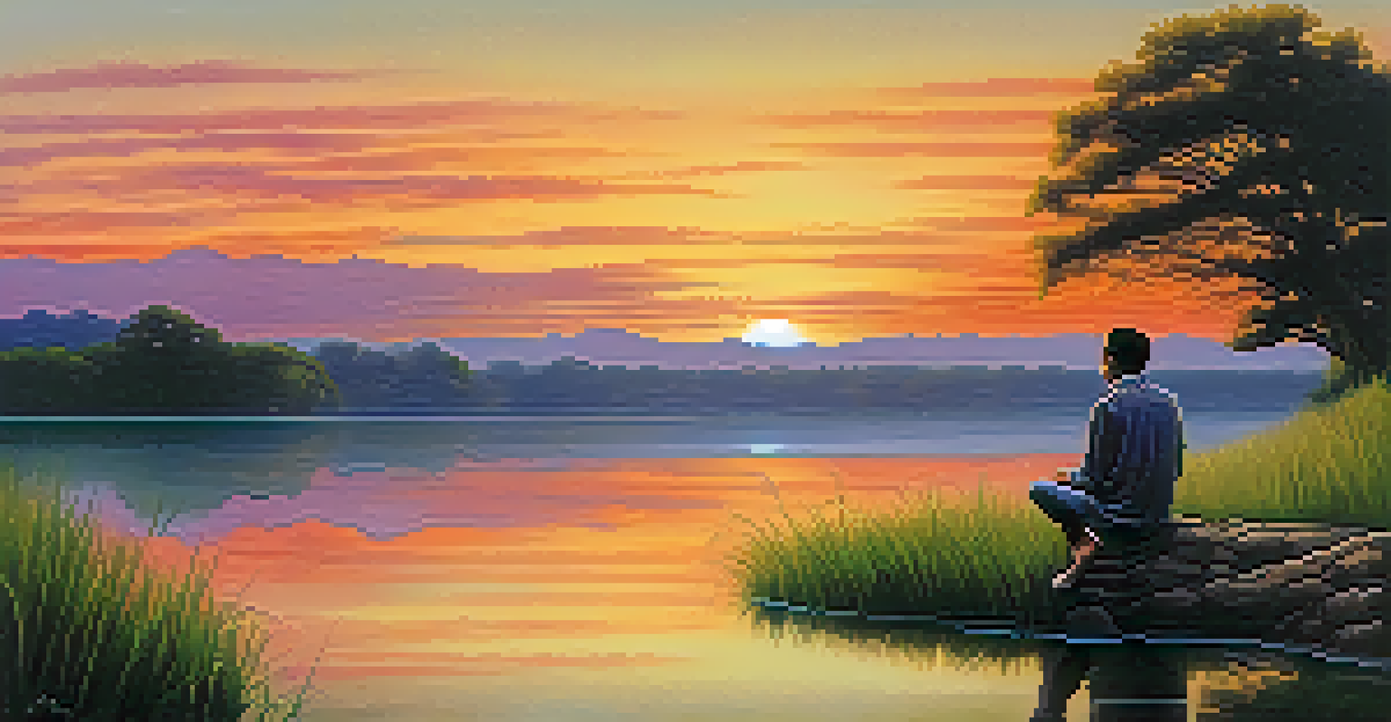 A solitary figure standing at the edge of a tranquil lake at sunset, reflecting on mental clarity and self-reflection.