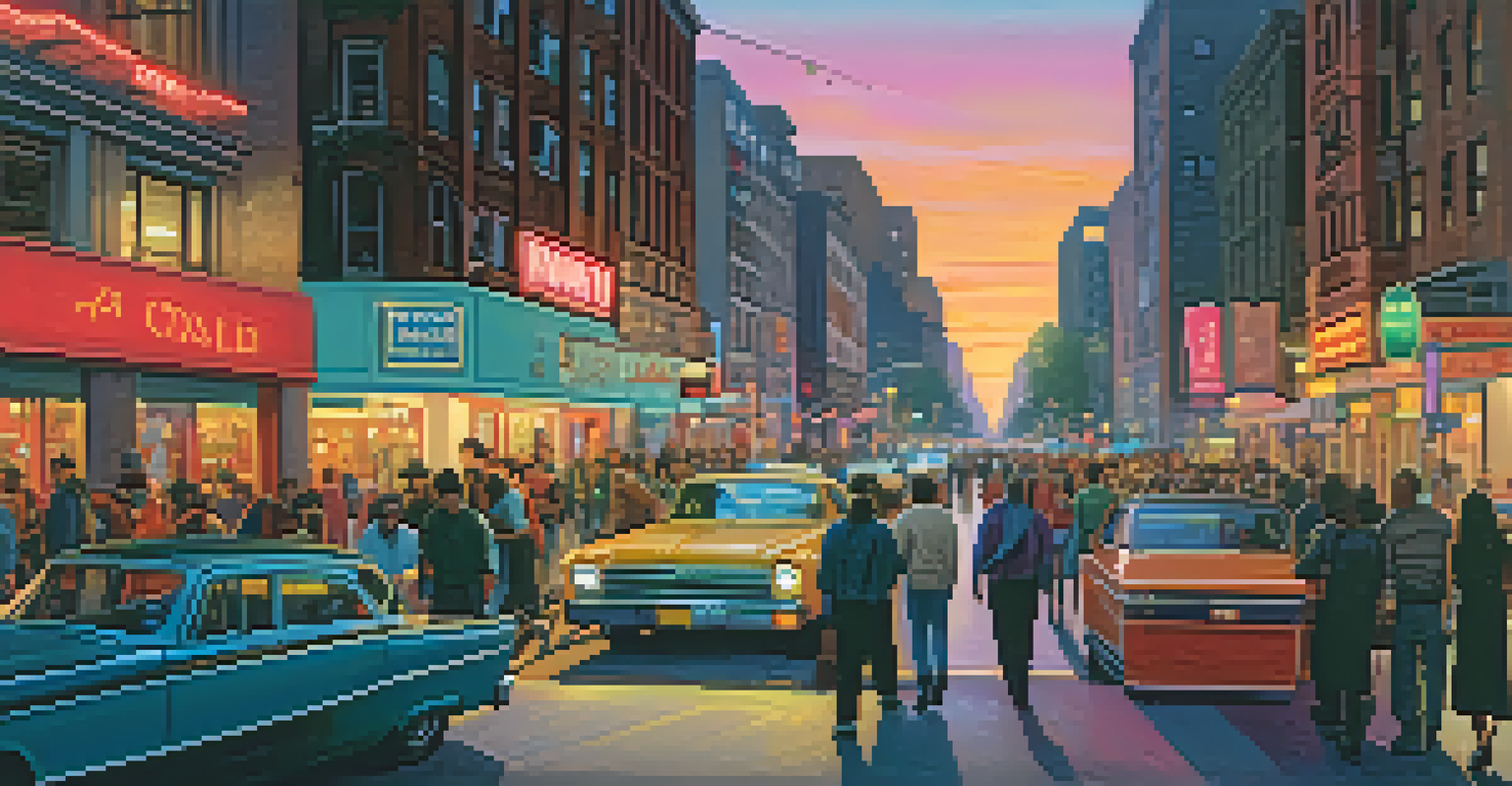 A lively city street at night, filled with neon lights and bustling pedestrians, capturing the energy of urban life.