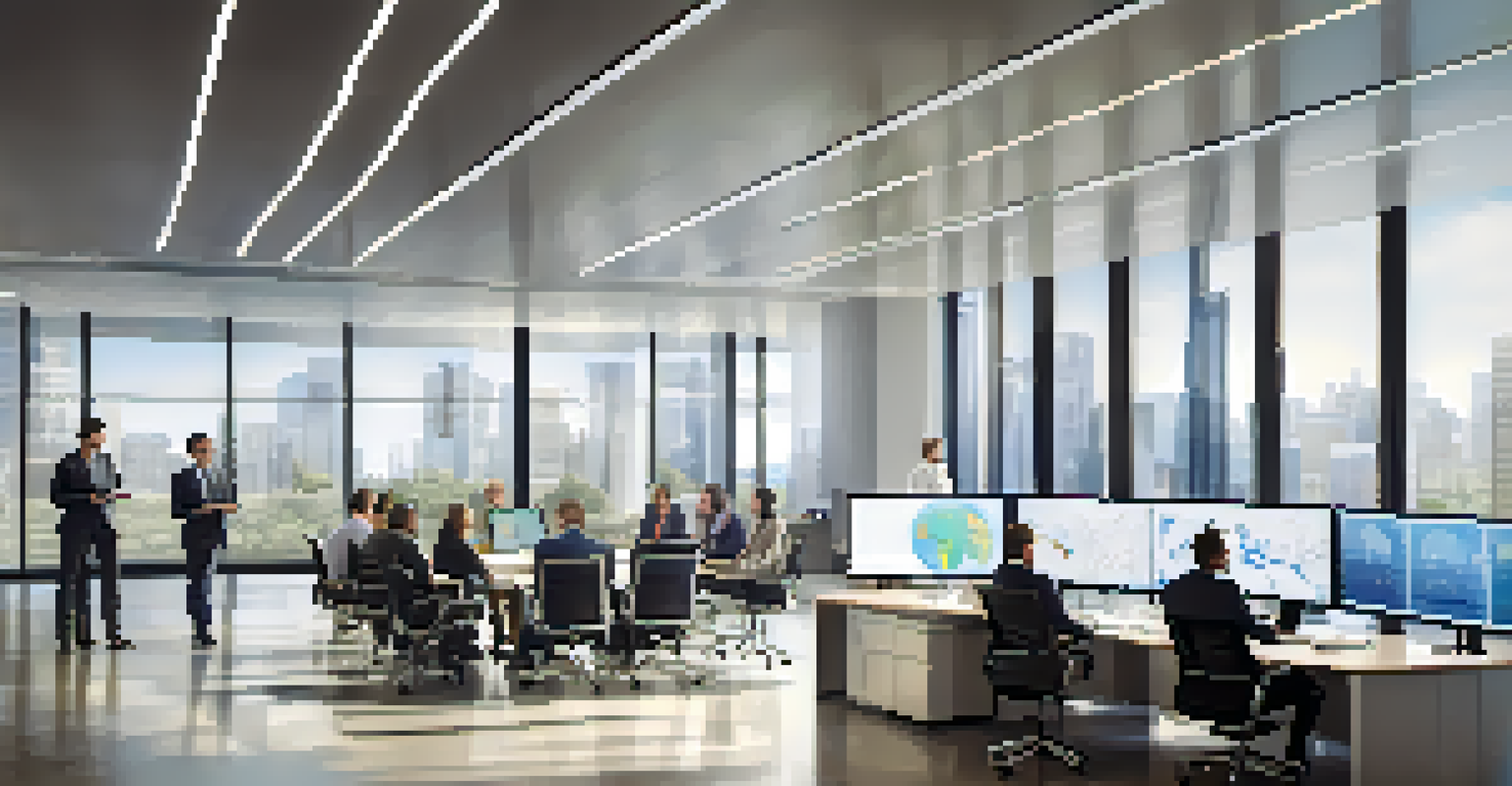 A diverse group of professionals in a modern office discussing global market strategies with digital displays.