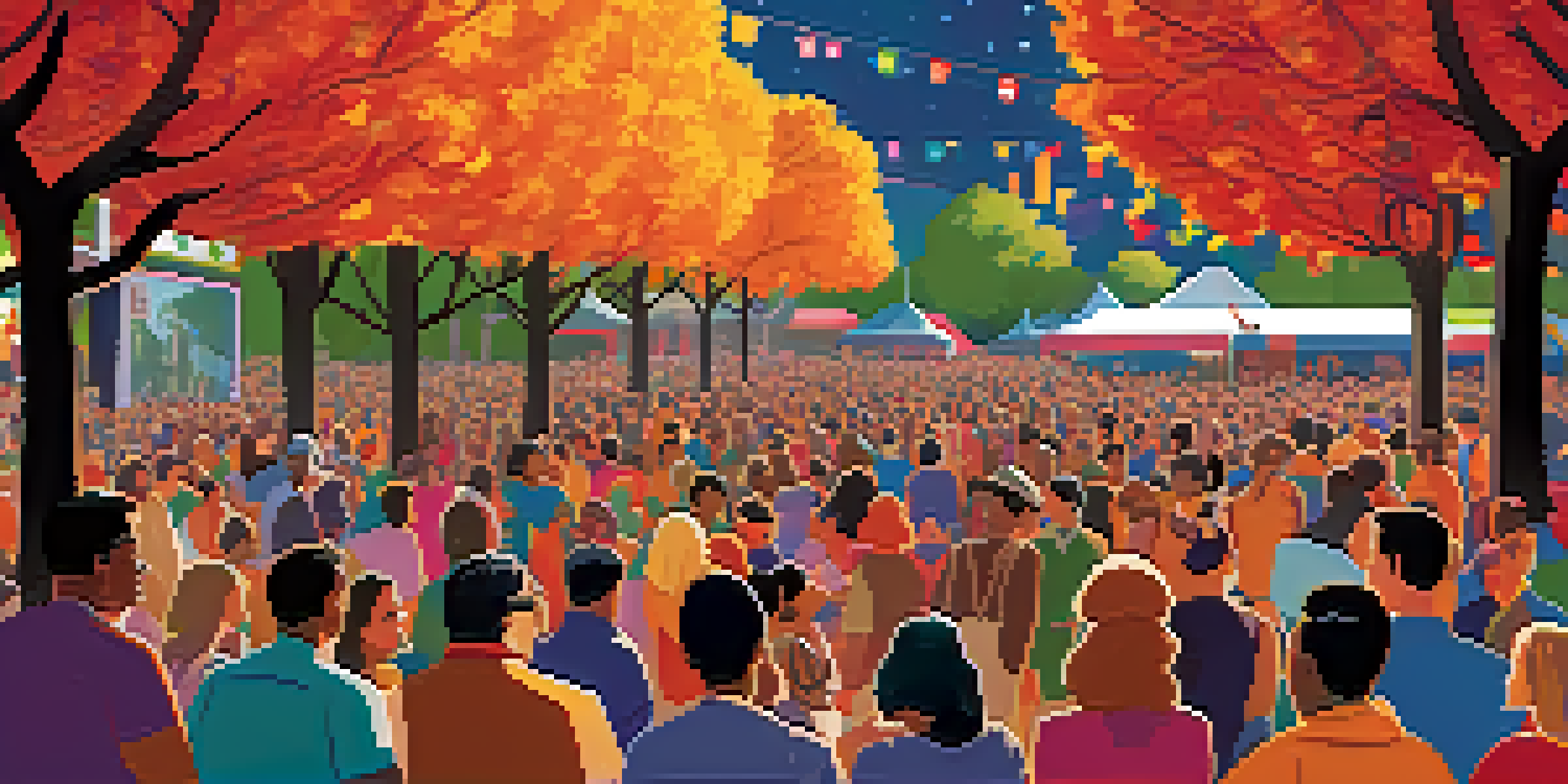 A lively outdoor film festival with a diverse audience watching a movie on a large screen, surrounded by colorful banners and twinkling lights.