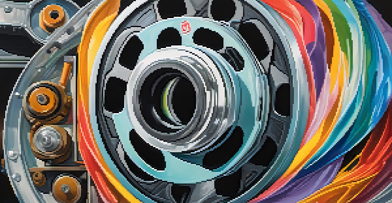 An artistic depiction of a film reel with colorful scenes from cult classic movies, surrounded by genre elements.