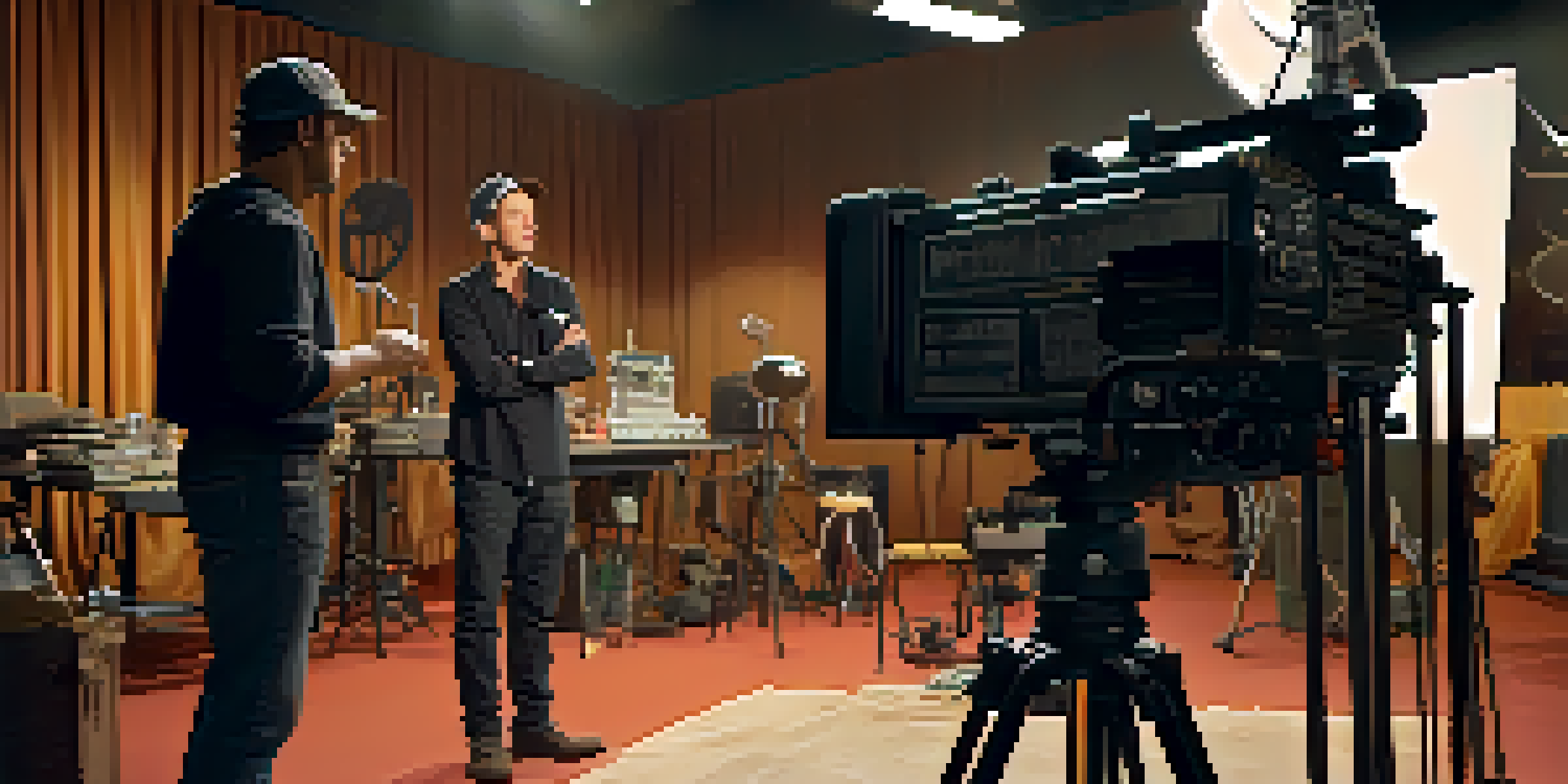 A film director animatedly discussing a scene with actors on set, surrounded by film equipment and crew.