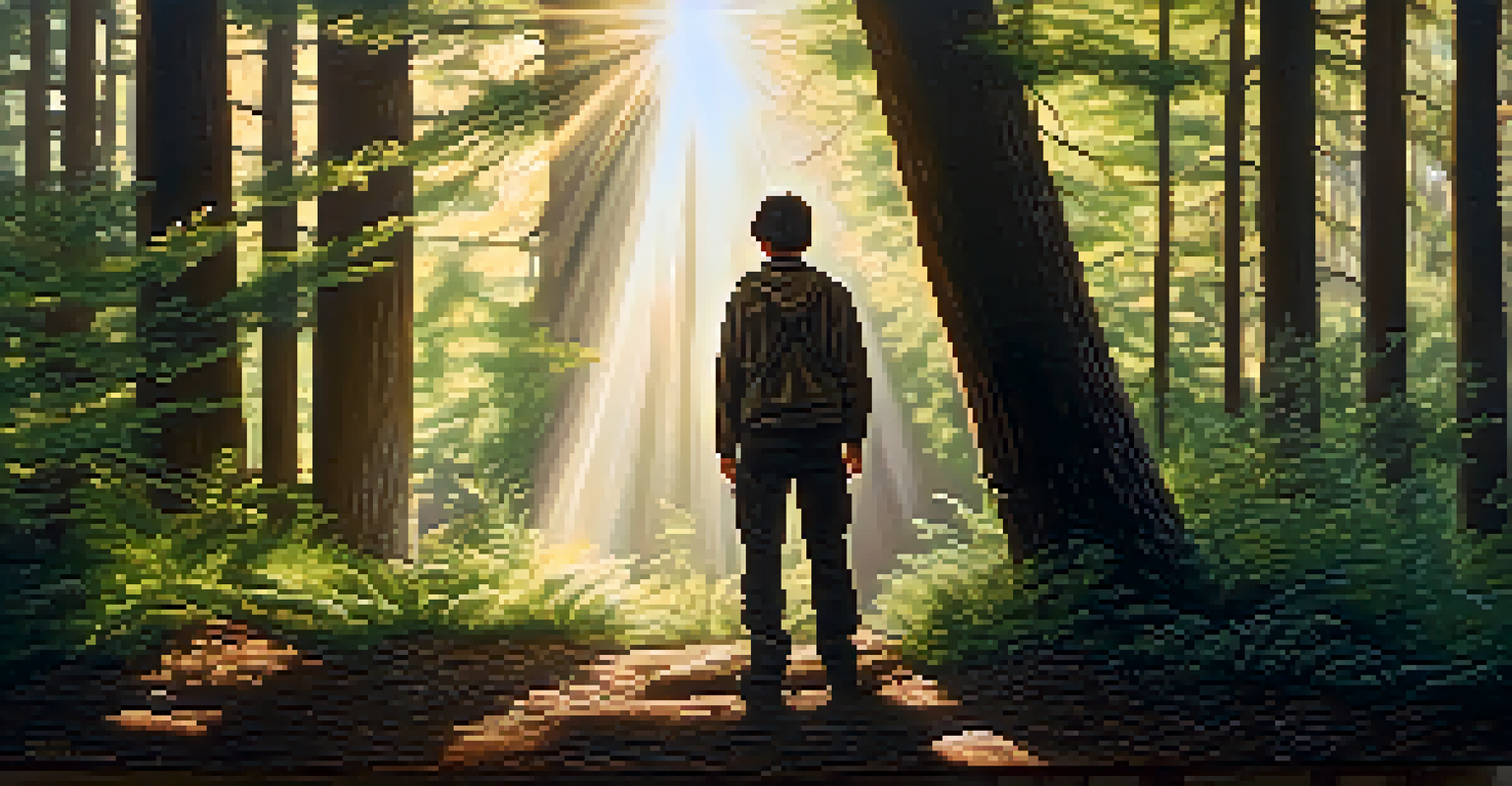 A character in a sunlit forest, reflecting deeply, showcasing emotional depth and character development in film adaptations.