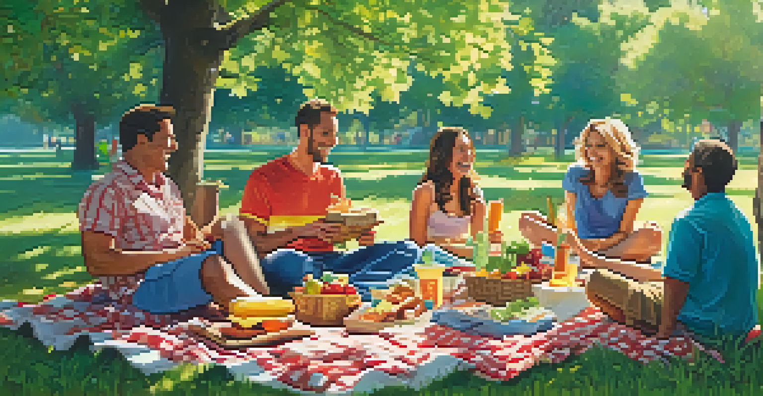 A diverse group of people share laughter during an outdoor picnic on a sunny day, surrounded by nature.