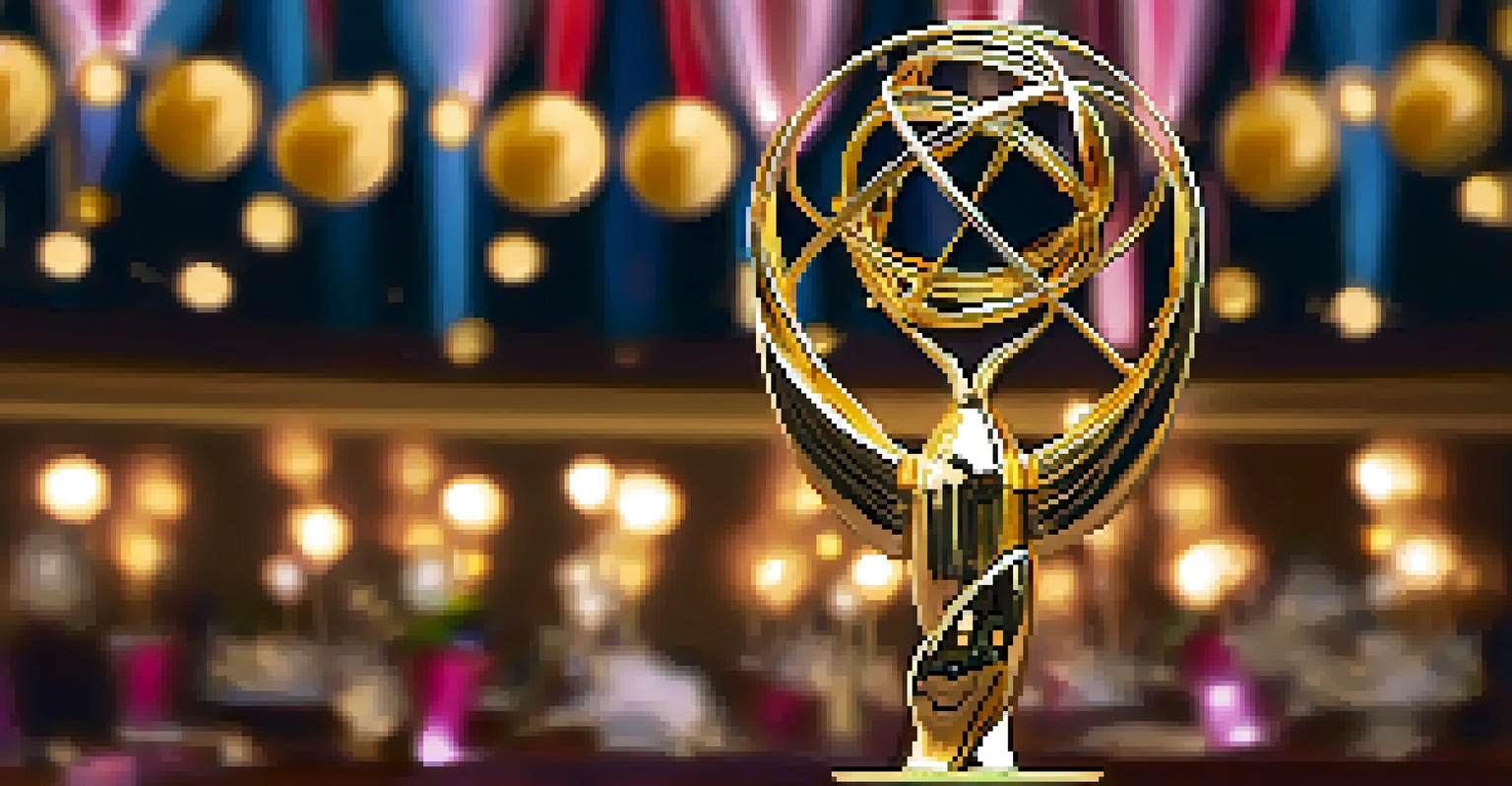 A detailed close-up of a golden Emmy trophy on a table, with a festive background of balloons and streamers.
