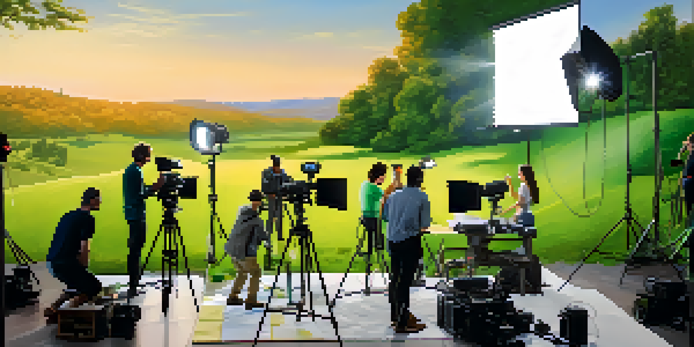 A film production setup with lightweight cameras and LED lighting in a green landscape, showing a diverse crew at work.