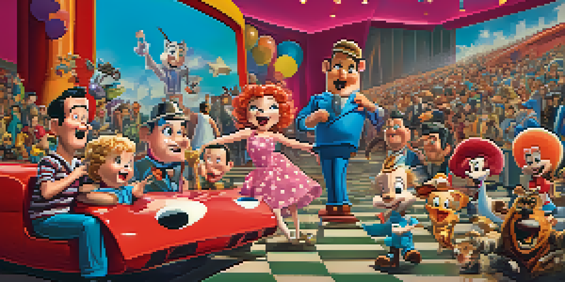 A colorful and playful illustration of cartoon characters humorously mimicking popular movie tropes, set against a cinema-themed background.