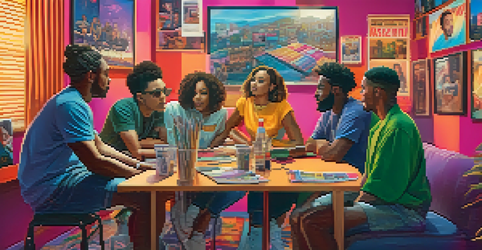 A diverse group of filmmakers on a film set, discussing a script with colorful LGBTQ+ movie posters in the background and warm lighting.