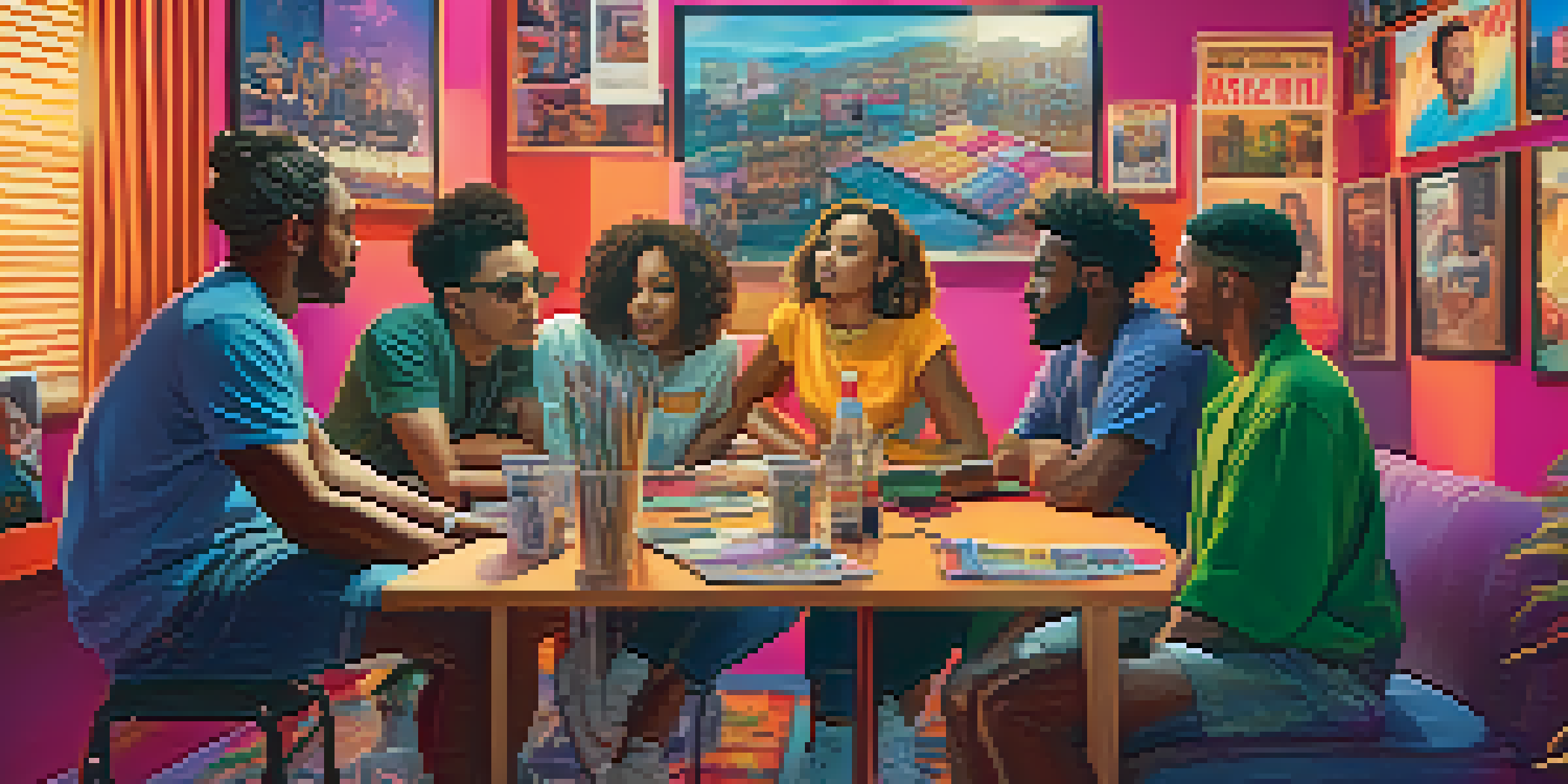 A diverse group of filmmakers on a film set, discussing a script with colorful LGBTQ+ movie posters in the background and warm lighting.