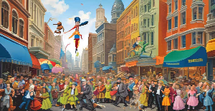 A lively street scene with a puppet resembling a politician being paraded by colorful characters, set against an exaggerated cityscape.