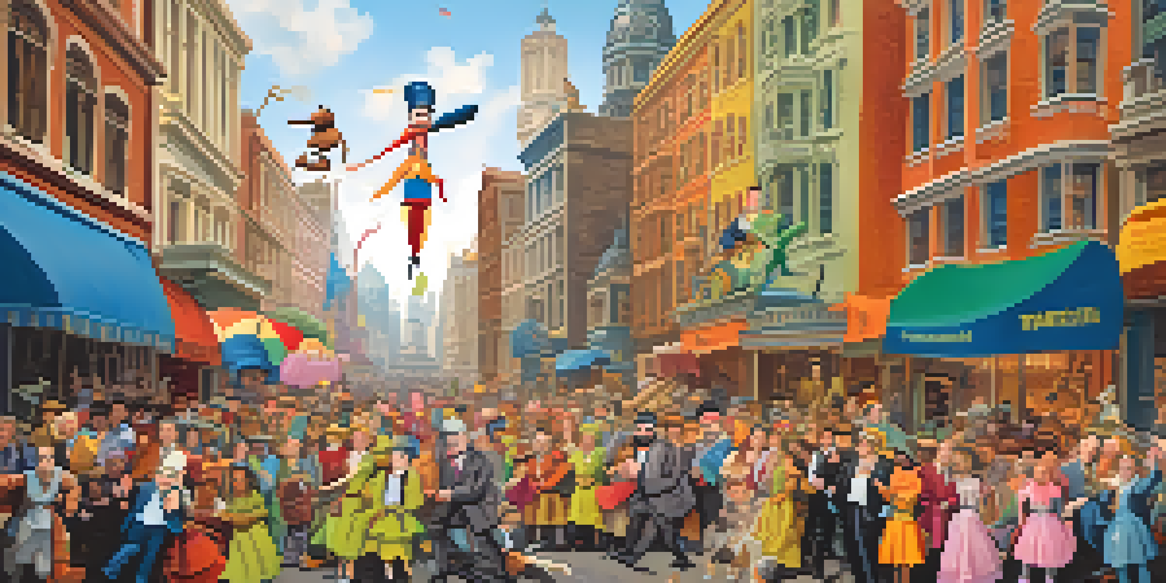 A lively street scene with a puppet resembling a politician being paraded by colorful characters, set against an exaggerated cityscape.