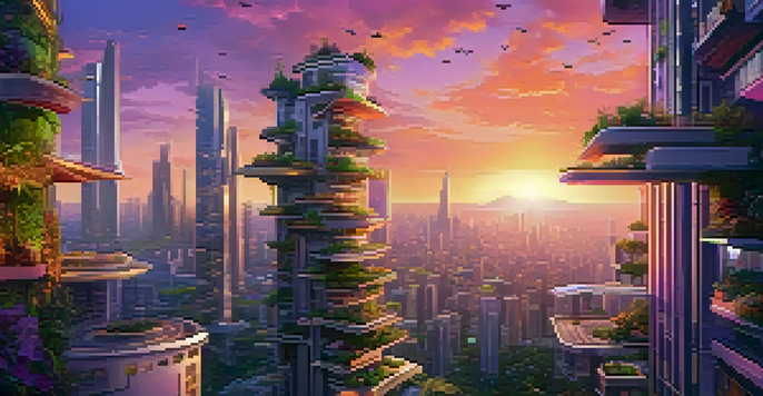 A vibrant futuristic city with skyscrapers adorned with greenery, illuminated by a warm sunset sky filled with orange and purple hues.
