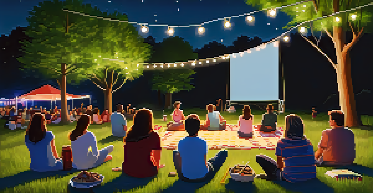 An outdoor film screening with families sitting on picnic blankets under fairy lights, creating a warm and inviting atmosphere.