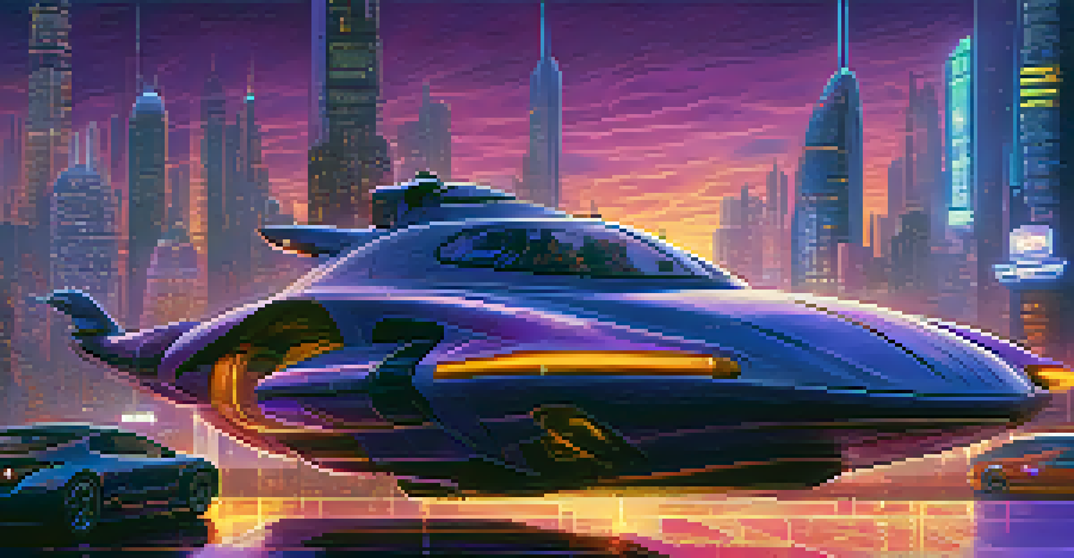 A futuristic cityscape at dusk with neon lights, hovercrafts, and a colorful sky.