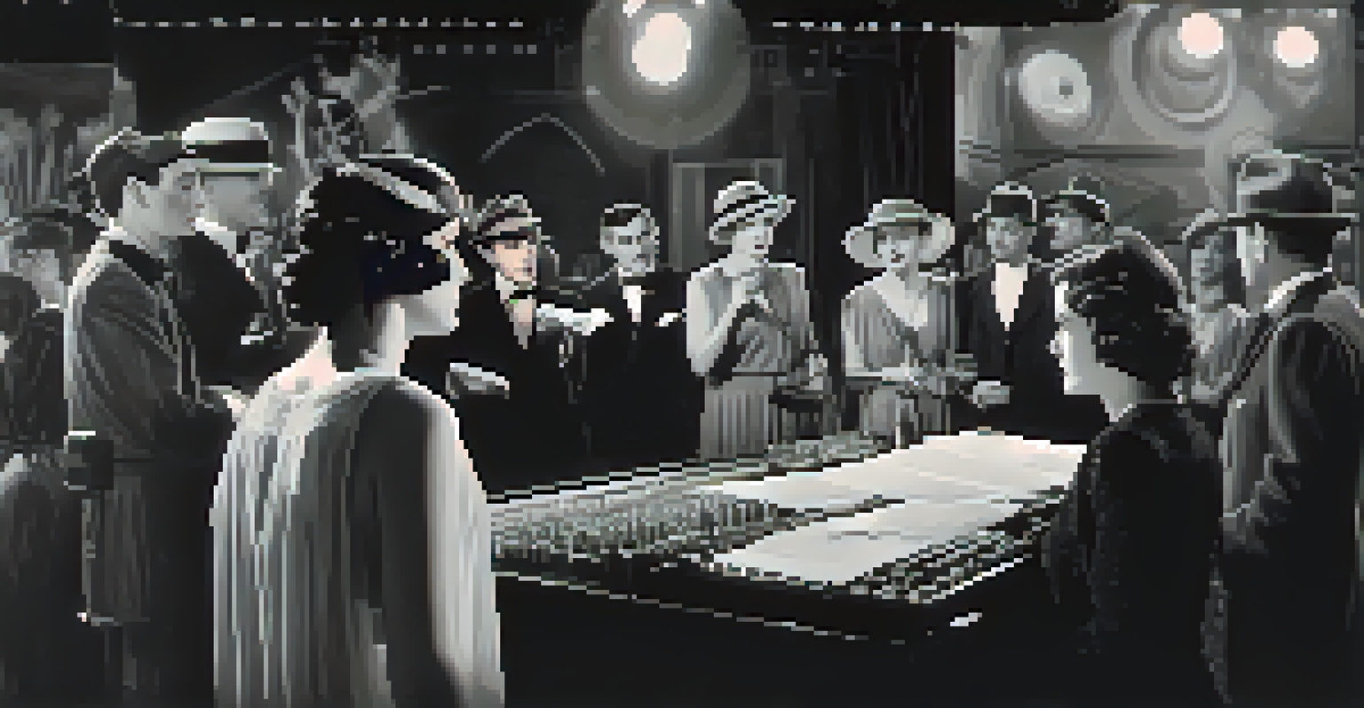 A female director on a silent film set, in black and white, with vintage cameras and actors in period costumes.