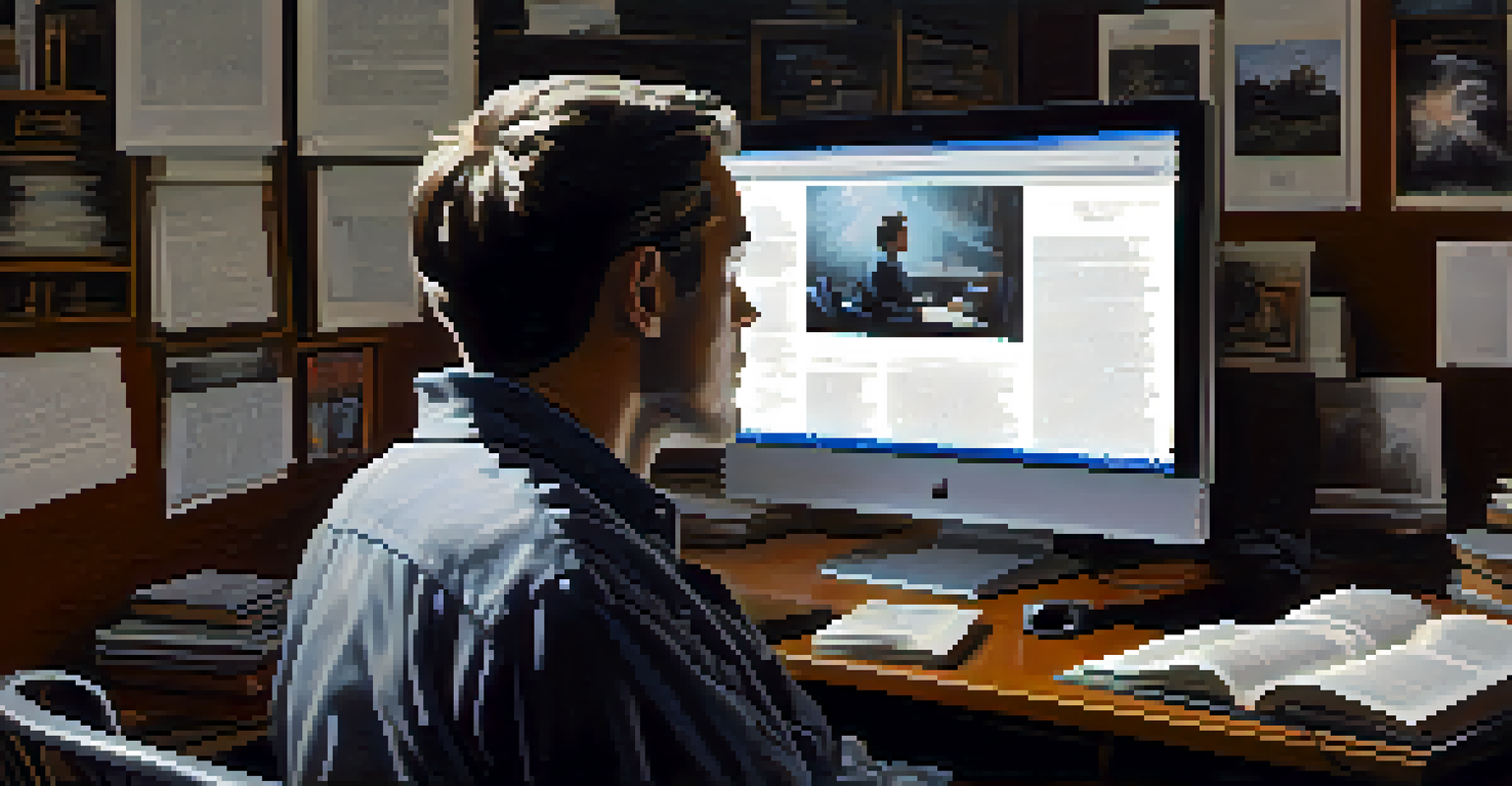 A close-up of a person deeply engaged in watching a documentary on a laptop, surrounded by books and notes, with soft light illuminating their face.