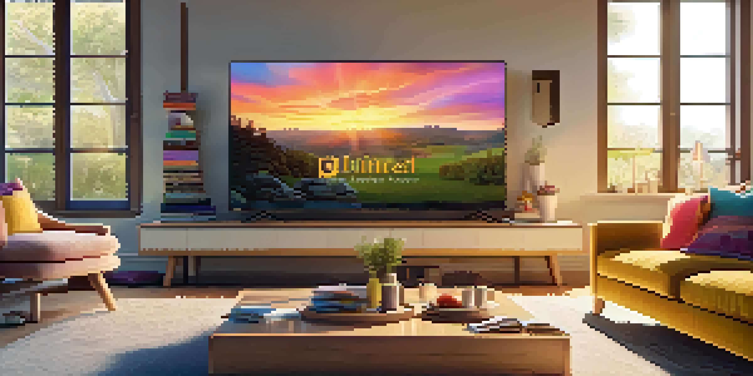 A cozy living room with a TV showing a streaming service, warm lighting, and comfortable furniture.