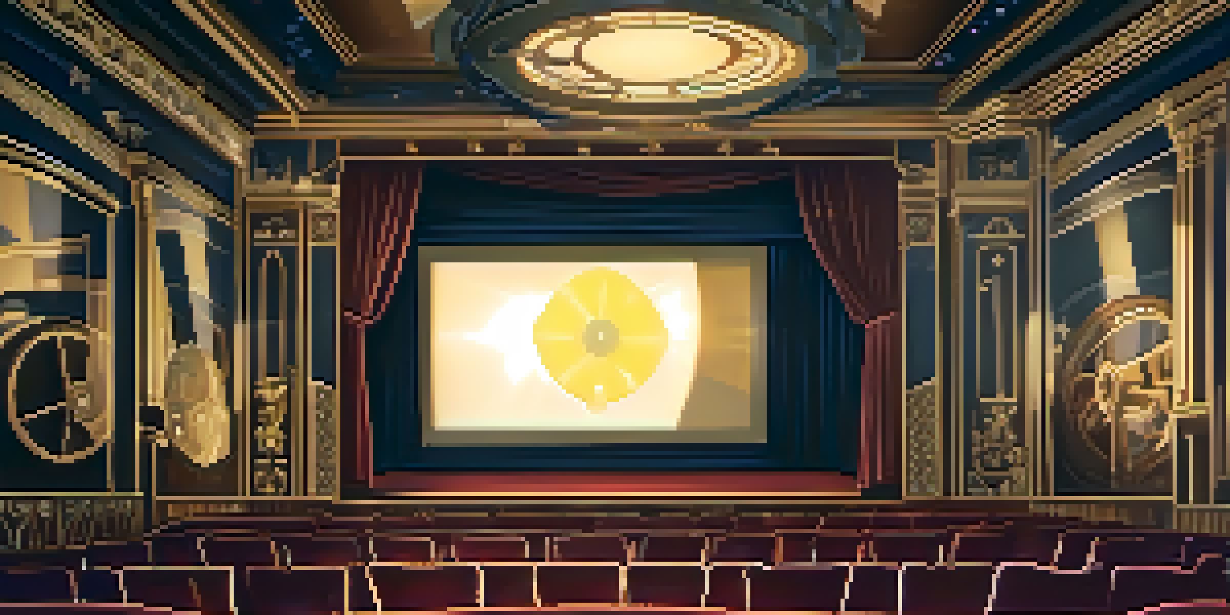 An ornate vintage cinema interior with a film reel and projector, bathed in soft golden lighting, showing an audience captivated by a suspenseful film.
