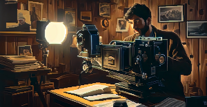 A documentary filmmaker reviewing footage on a vintage film projector in a rustic setting, with film reels and notes around them.