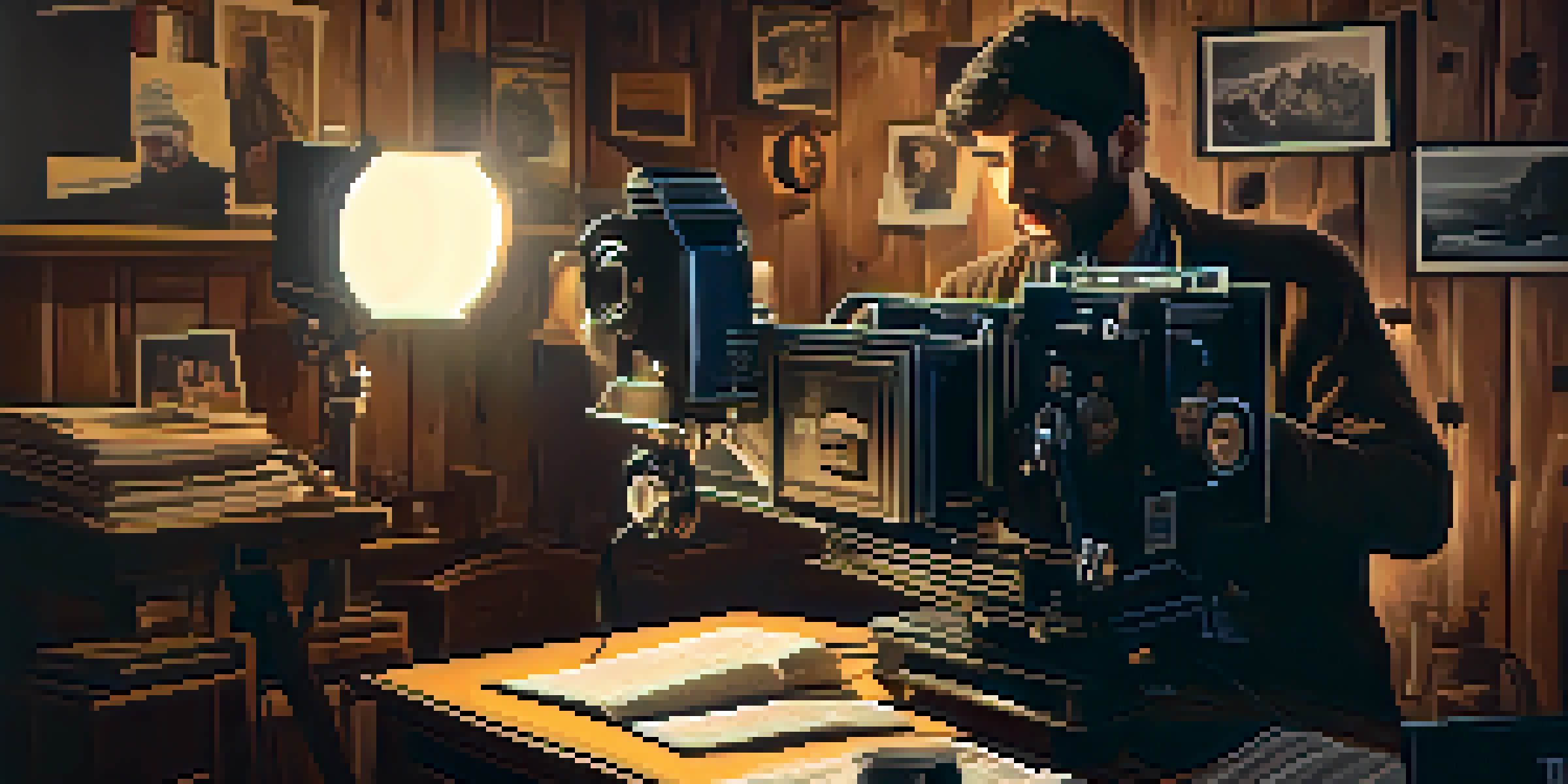 A documentary filmmaker reviewing footage on a vintage film projector in a rustic setting, with film reels and notes around them.