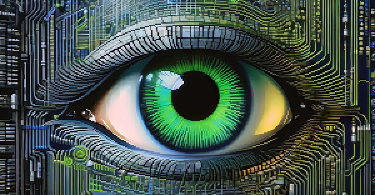 A close-up of a digital eye reflecting binary codes and surveillance images amidst technological elements.