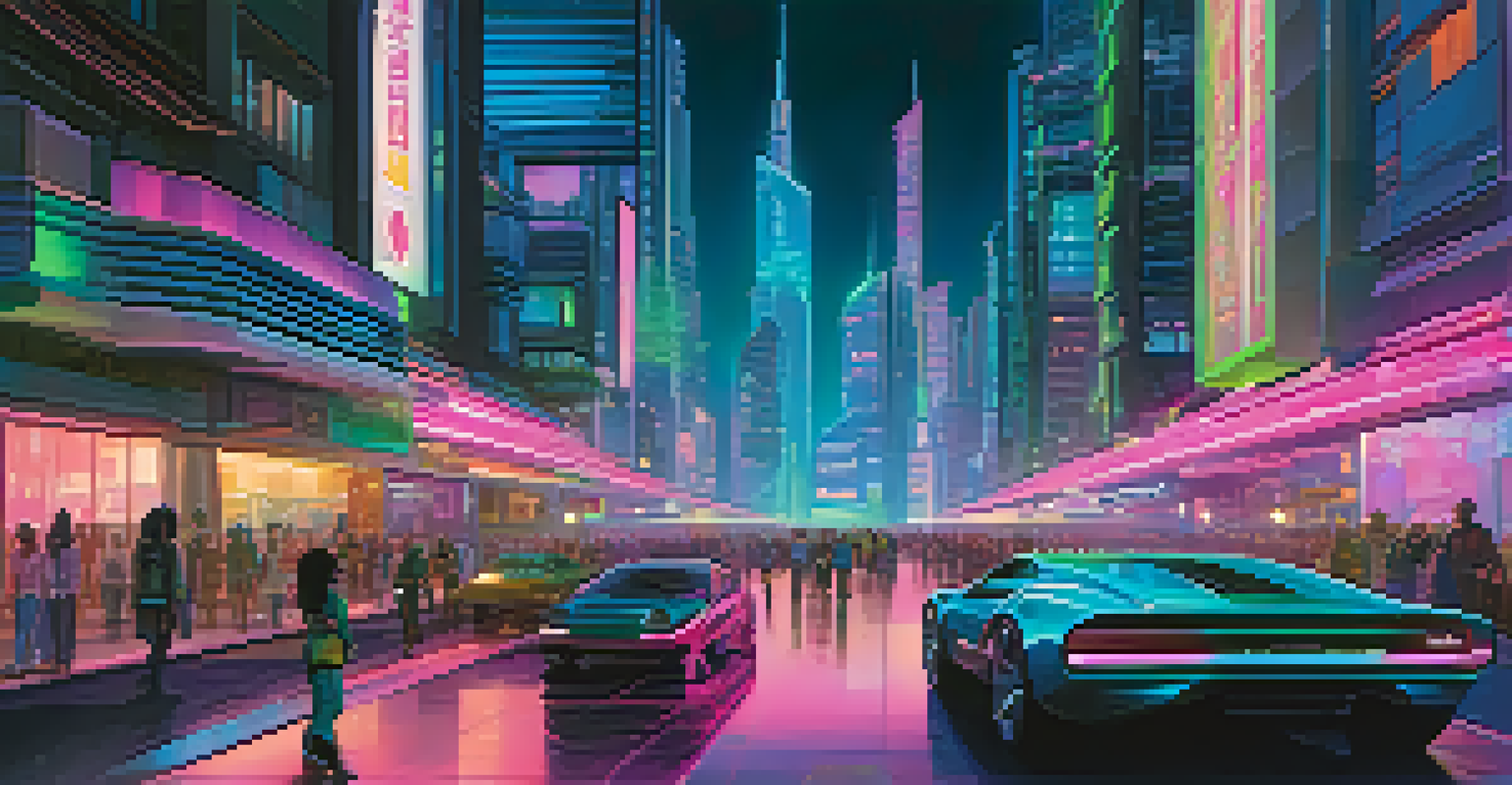 A futuristic city skyline at night with neon-lit skyscrapers and hovering vehicles, depicting a vibrant urban environment.