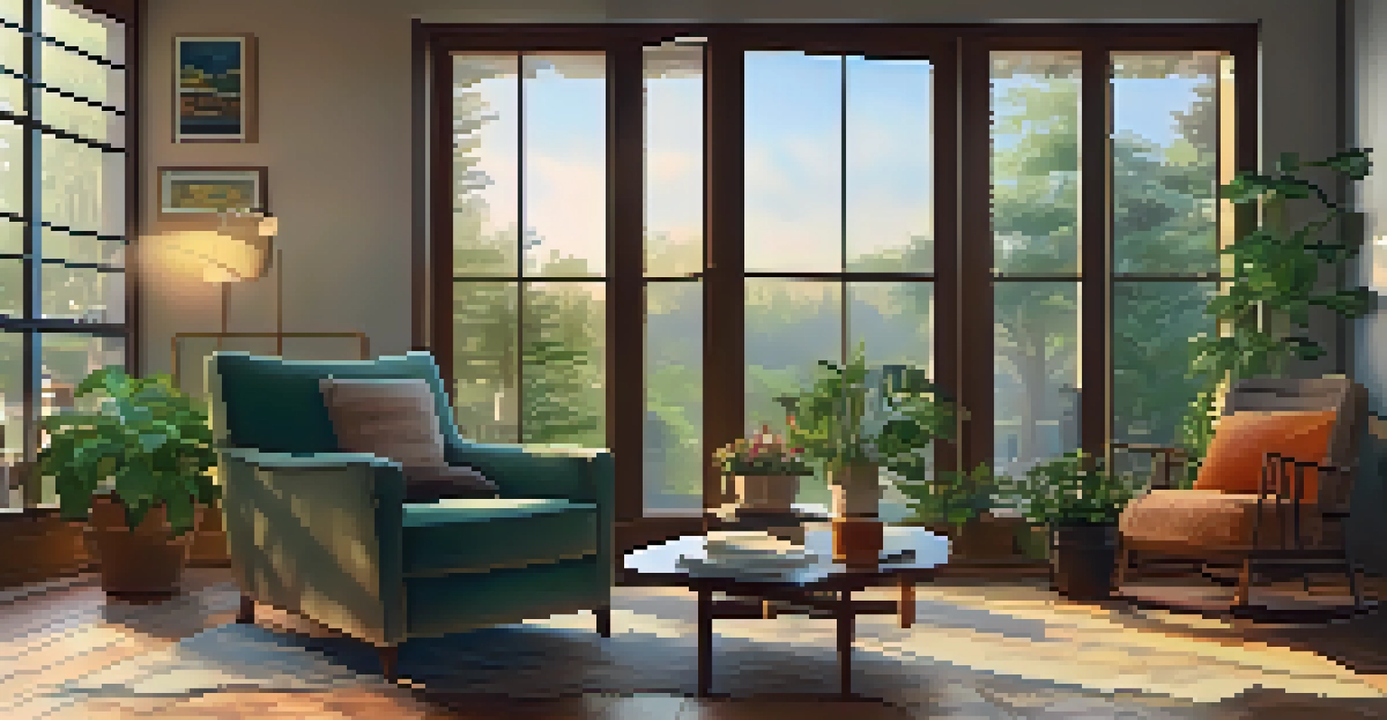 A warm and inviting room with morning light, an armchair, a bookshelf, and a cup of coffee on a table, creating a cozy ambiance.