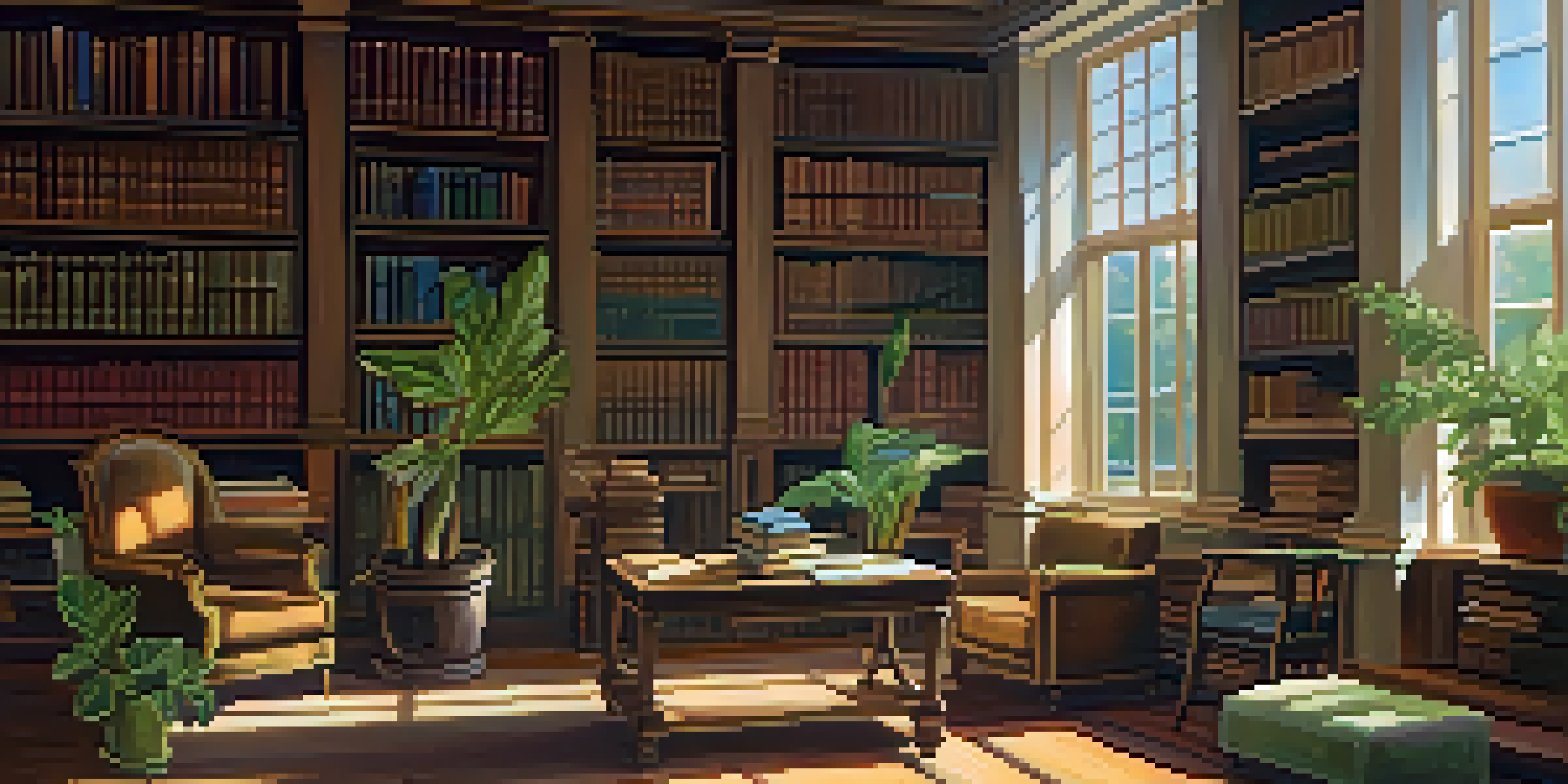 A cozy library with wooden shelves filled with books and a reader sitting at a table, illuminated by soft sunlight.