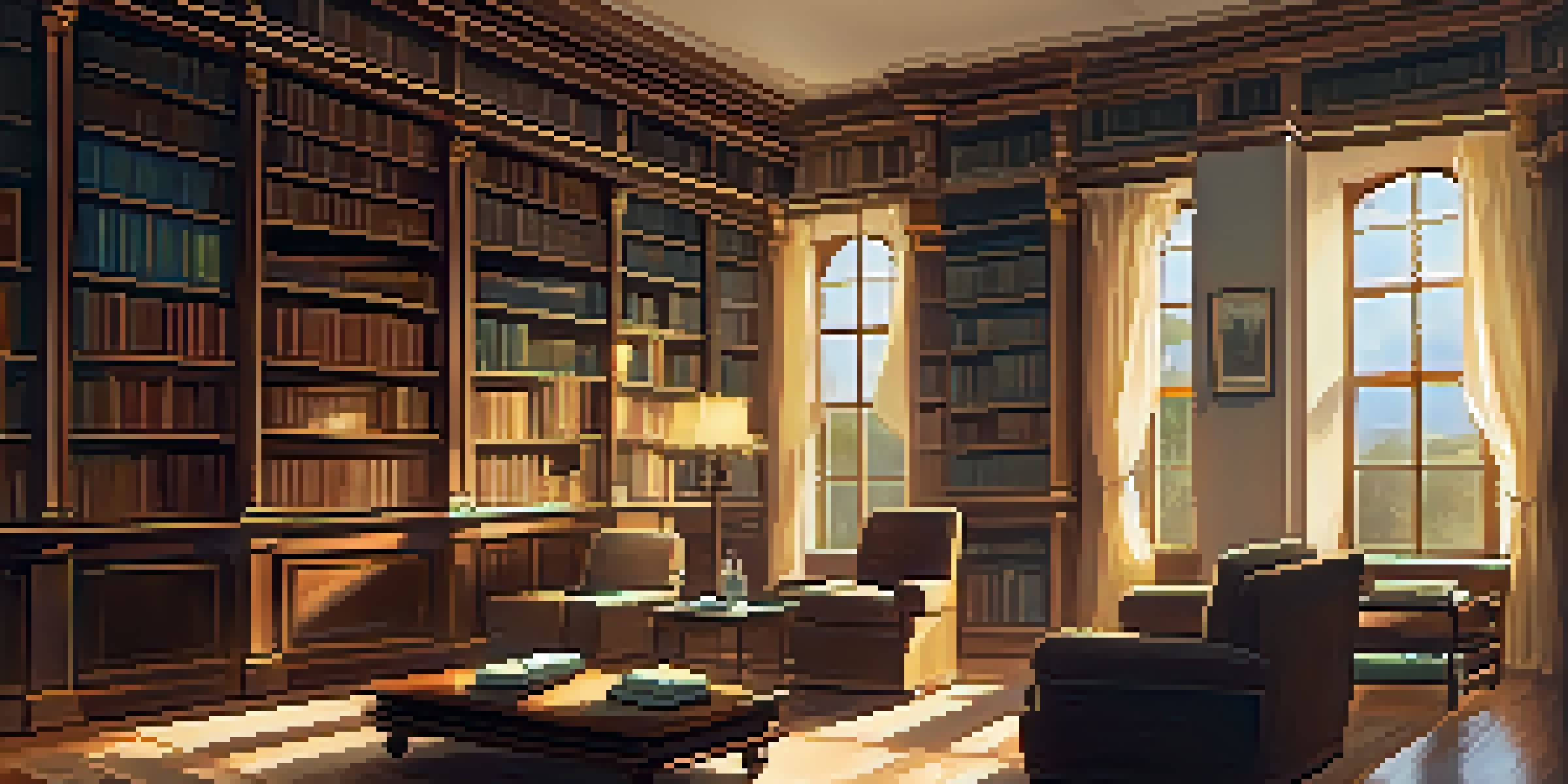 A cozy library with tall bookshelves, warm lighting, and a reading nook with armchairs and open books on a table.