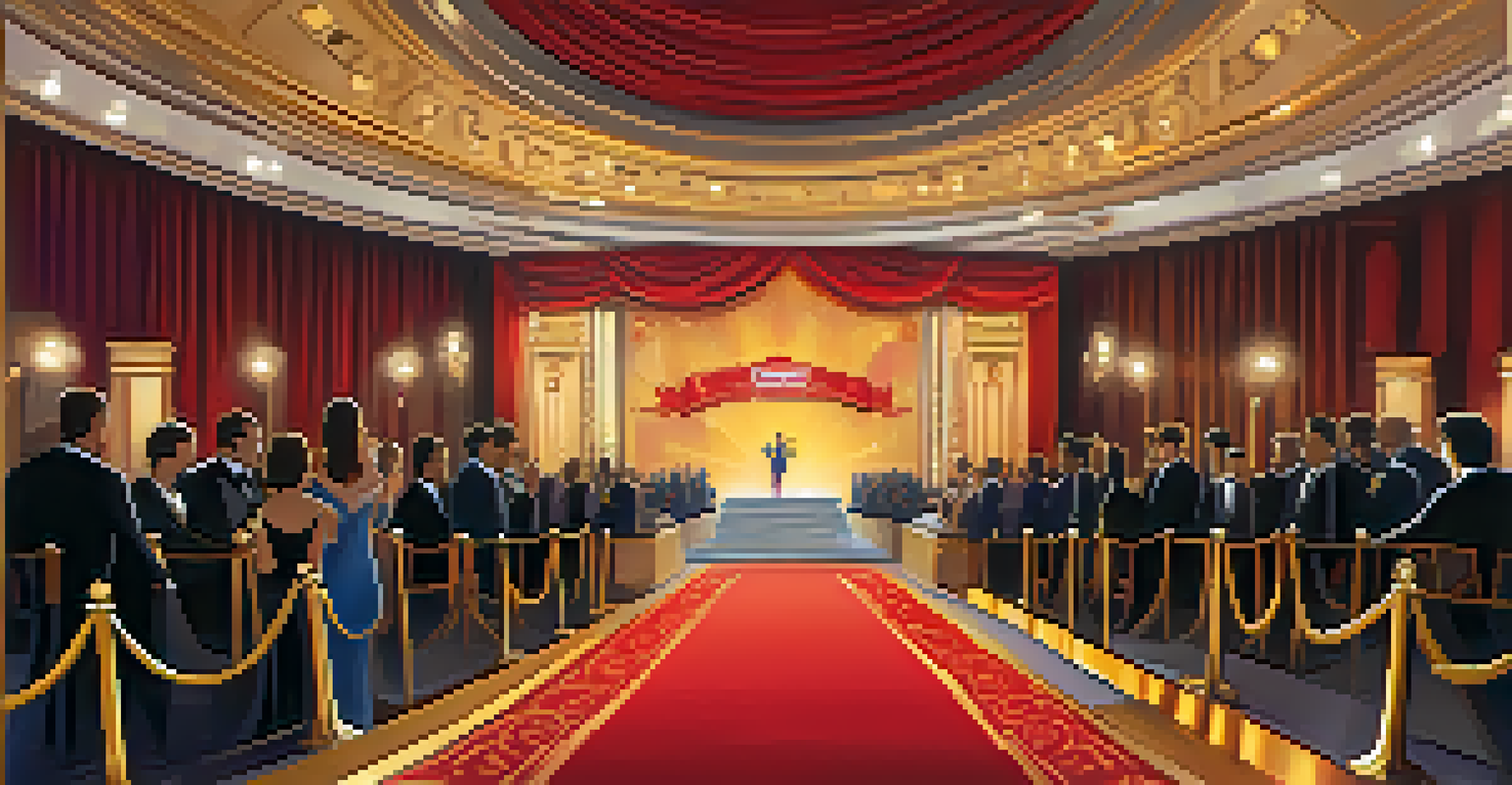 An elegant indoor film festival gala with a red carpet, formal attendees, golden decorations, and a large festival logo on display.