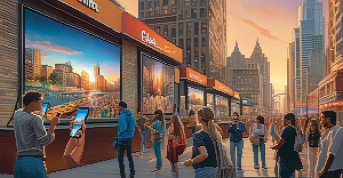 A colorful city street at sunset with people using smartphones and large digital ads featuring celebrities.