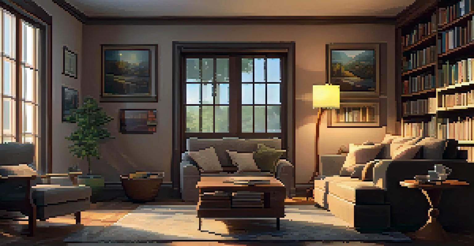 A cozy living room with soft lighting from a vintage table lamp, creating an inviting atmosphere.