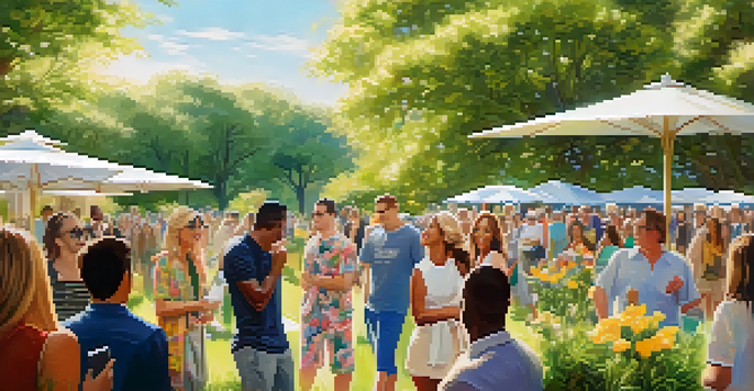 A celebrity smiling and interacting with diverse fans in a lush green park during a charity event.