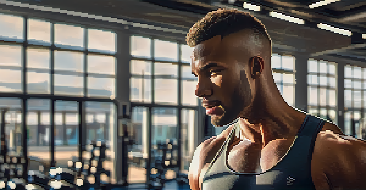 A professional athlete training in a modern gym, focusing on their intense expression and the details of their workout environment, bathed in warm light.