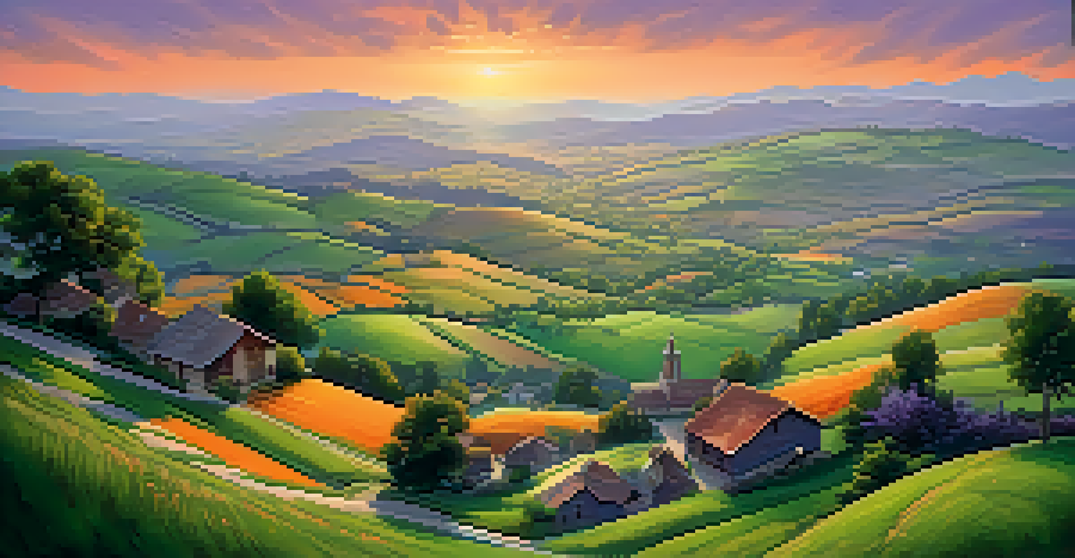 A scenic view of a rural community with rolling hills, a small village, and a colorful sunset sky.