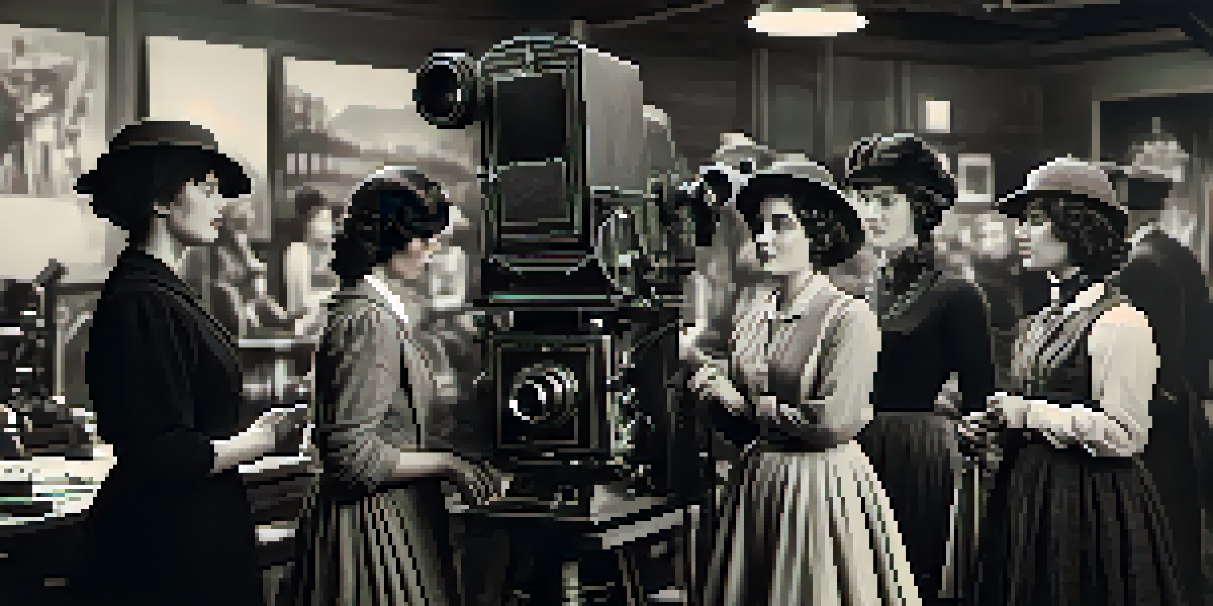 A group of women filmmakers from the early 1900s, dressed in vintage clothing, working around a film camera in a studio filled with props and equipment.