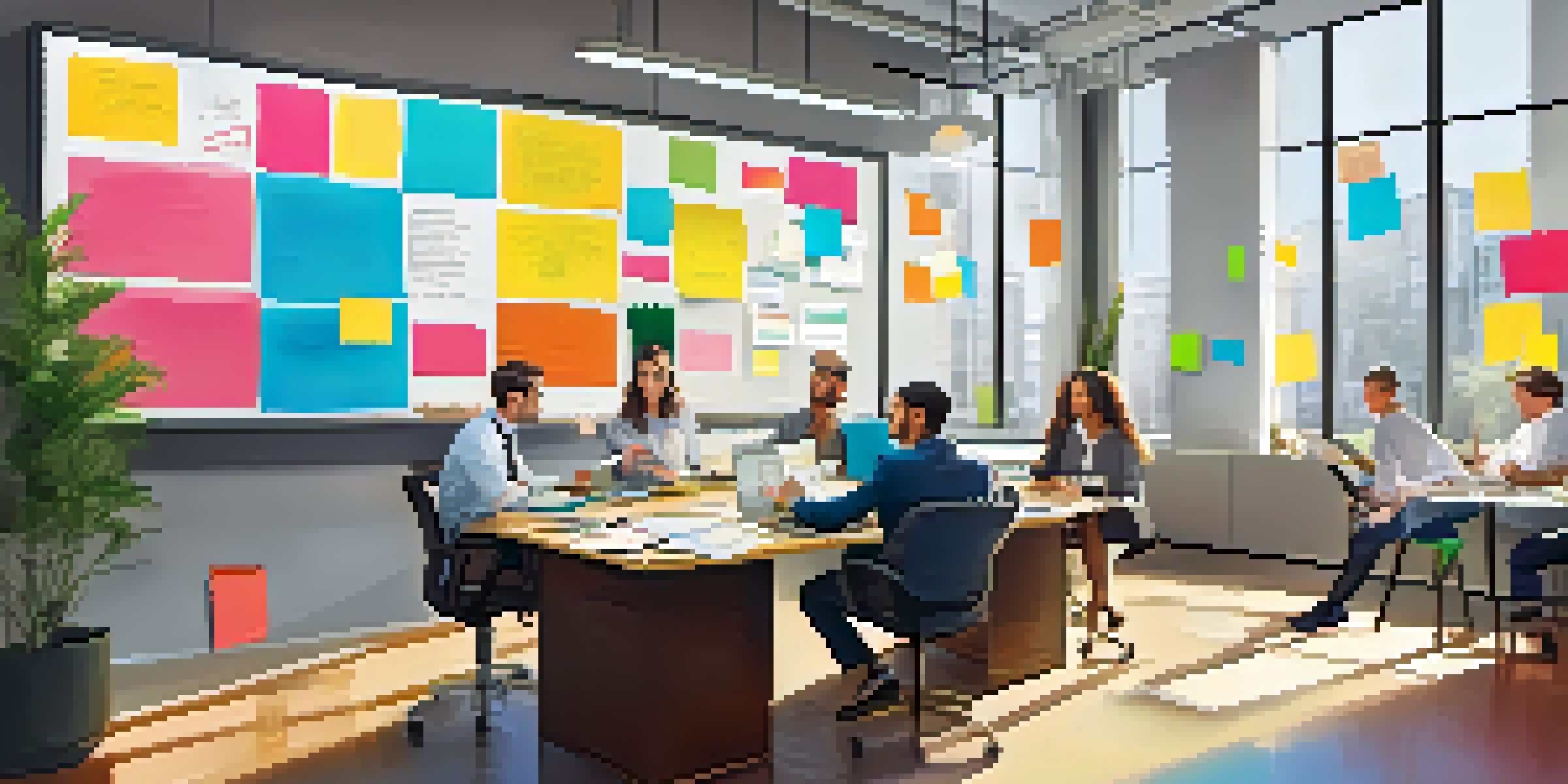 A diverse group of professionals in a bright modern office, brainstorming around a table with laptops and a whiteboard filled with colorful notes.