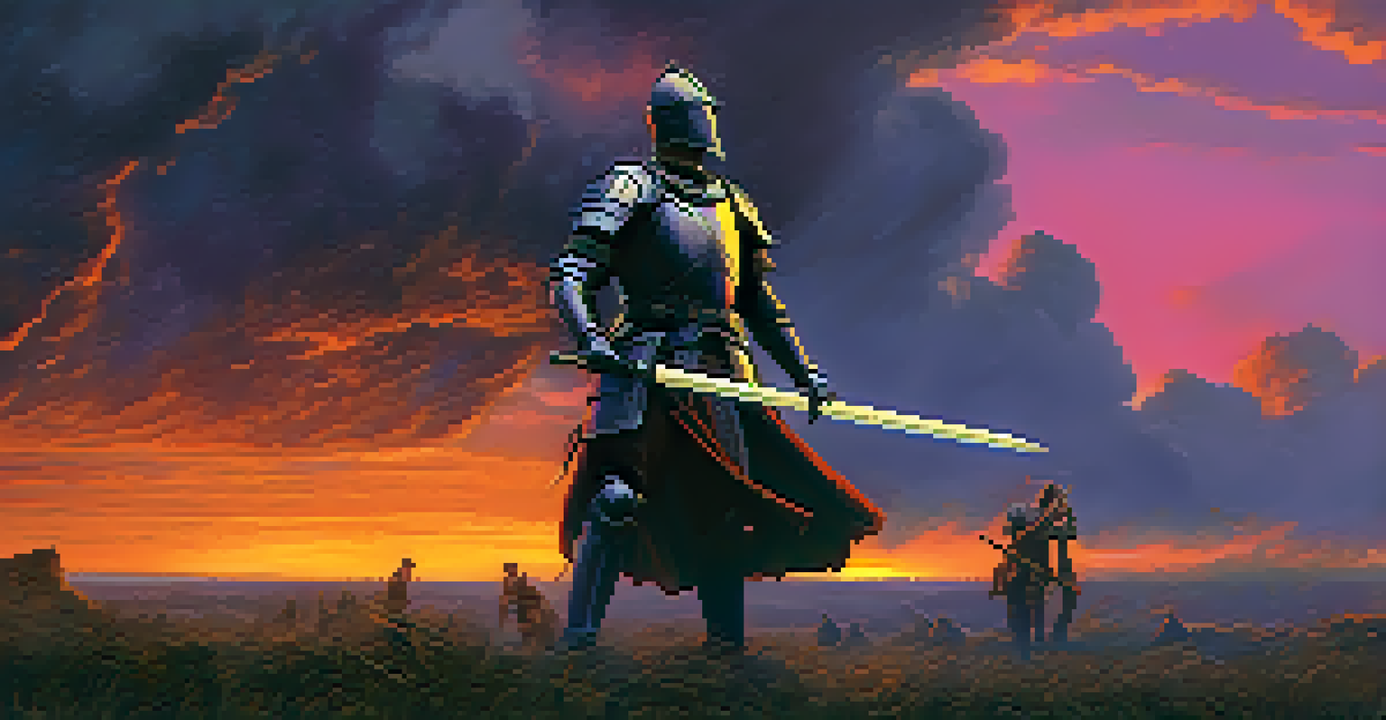A heroic figure in medieval armor raises a sword on a battlefield during a vibrant sunset, with distant soldiers and smoke in the background.