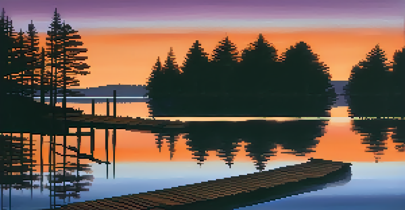 A peaceful lakeside at sunset with reflections of orange and purple hues in the water.